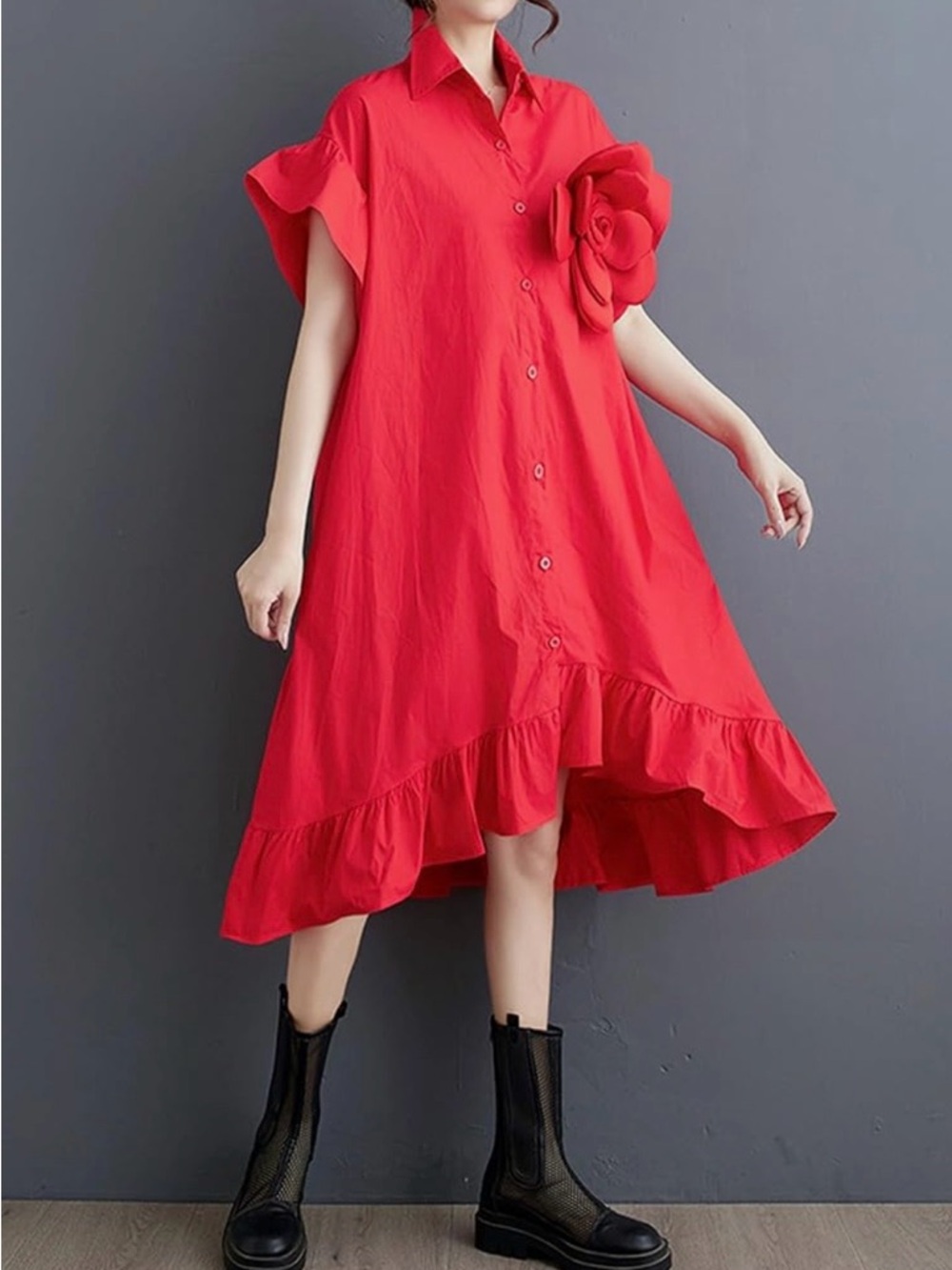 Red Dress Boutique Vibrant Red High-Low Shirt Dress with Floral Accent - Picture 3 of 3